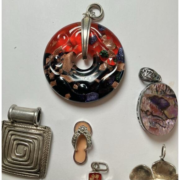 Vtg 925 Sterling Silver Pendant Lot Large Glass Resin Shell Cross Greek Mexico - Picture 4 of 8